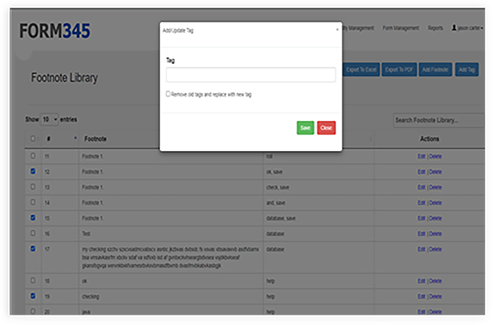 Footnote Library showing an 'Add/Update Tag' modal for TAGGING CUSTOMIZATION, with tag input and a 'replace old' option.